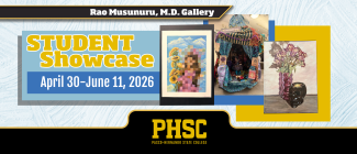 Student paintings with text stating "Rao Musunuru, M.D. Gallery. Student Showcase, April 30-June 11, 2026"